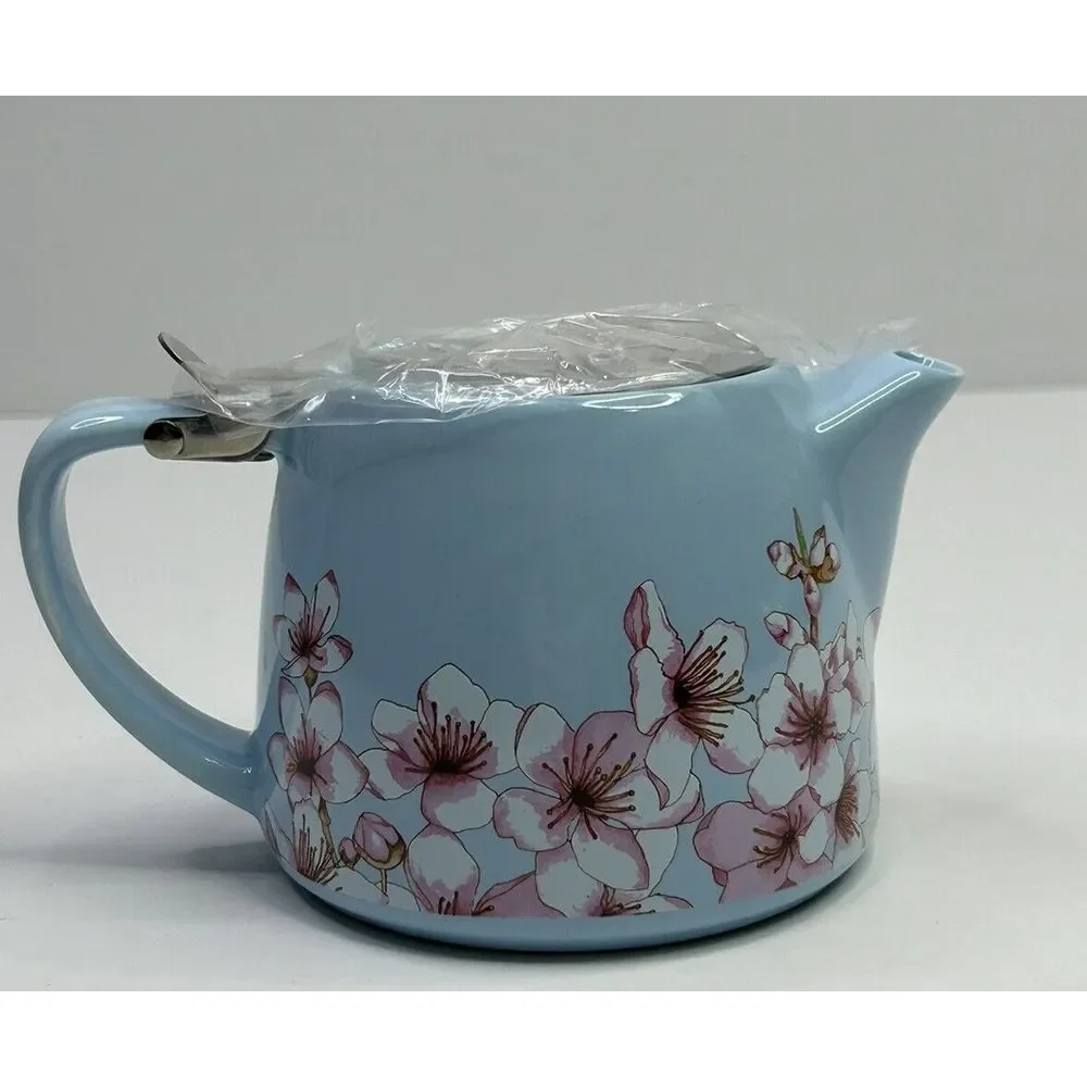 New Alfred Ceramic + Stainless Steel Teapot 20 oz Blue‎ Floral Cherry Blossom